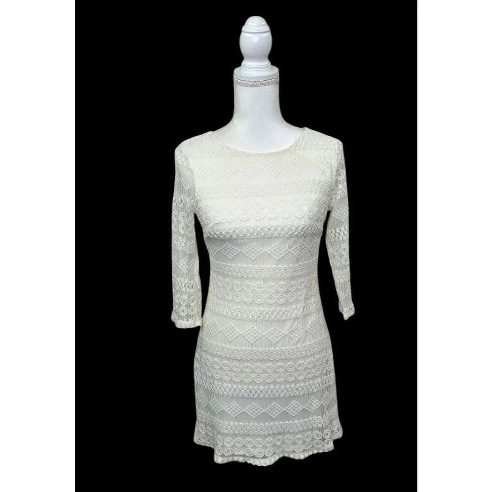 As U Wish White Ivory Crocheted Lined Long Sleeve Dress Women’s Small